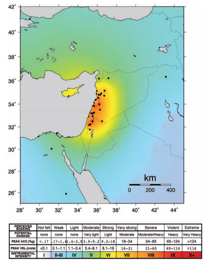 Intesity map for 1202 Ce Quakes from Hough and Avni (2011)